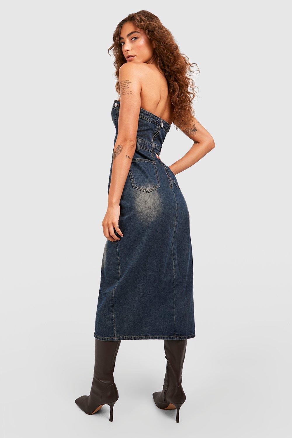 Denim Bandeau Split Front Midi Dress